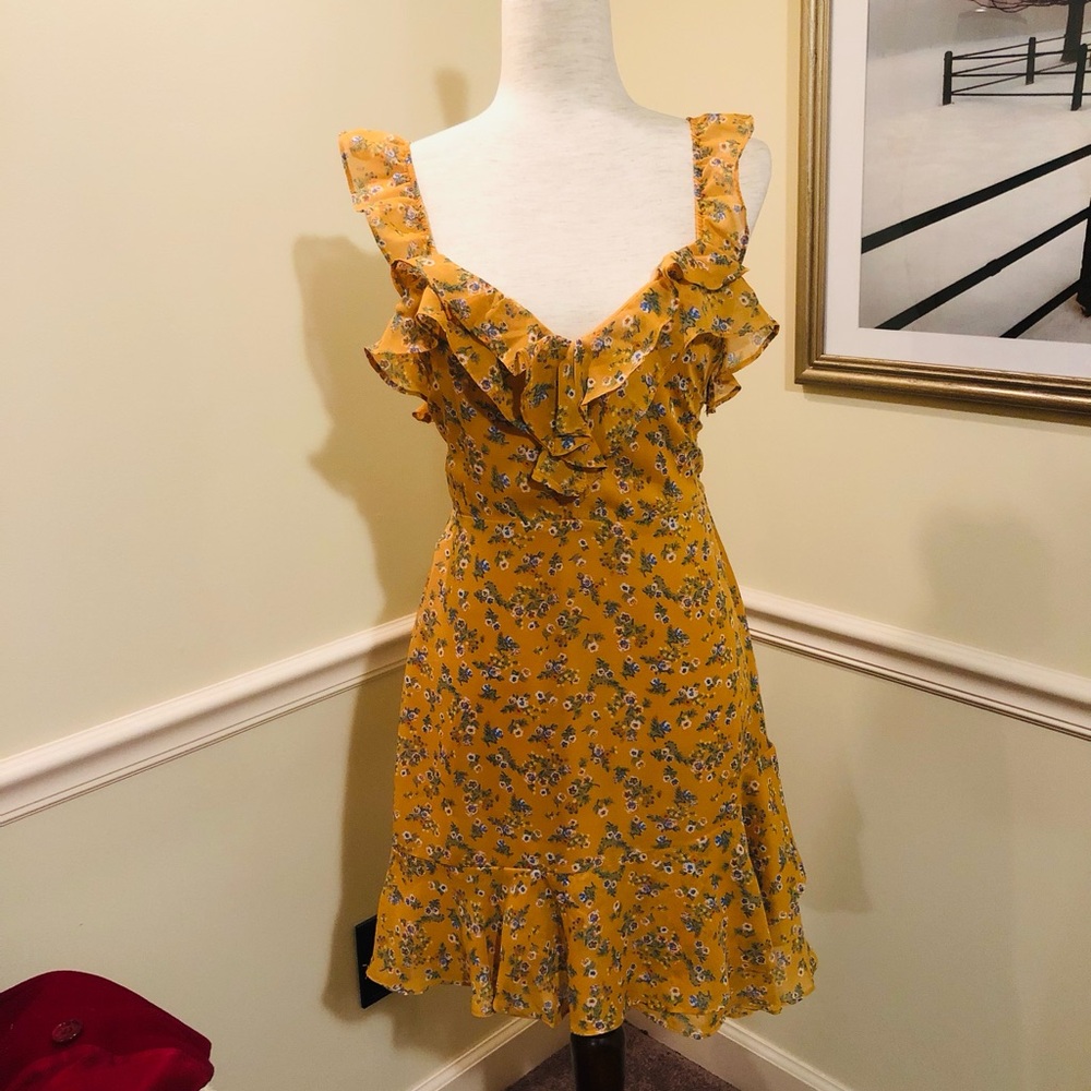 Lulu's Mustard Floral Ruffle Mini Dress
